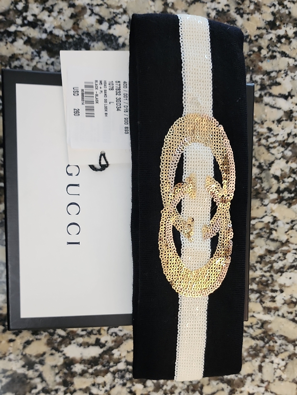 Gucci Black and White Sequin Headband with Gold Logo